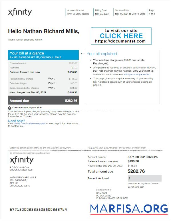 Printable USA XFINITY utility bill Word and PDF template